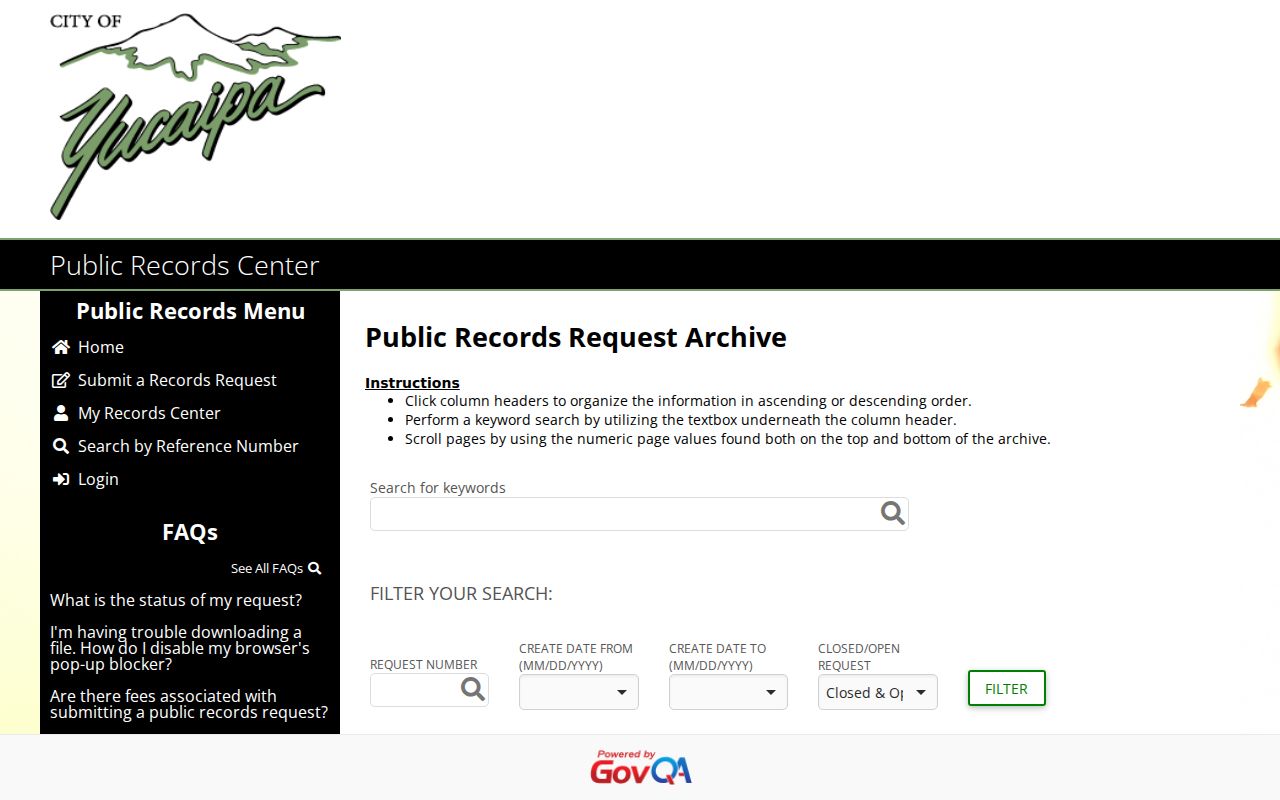 Yucaipa people search GovQA public records archive