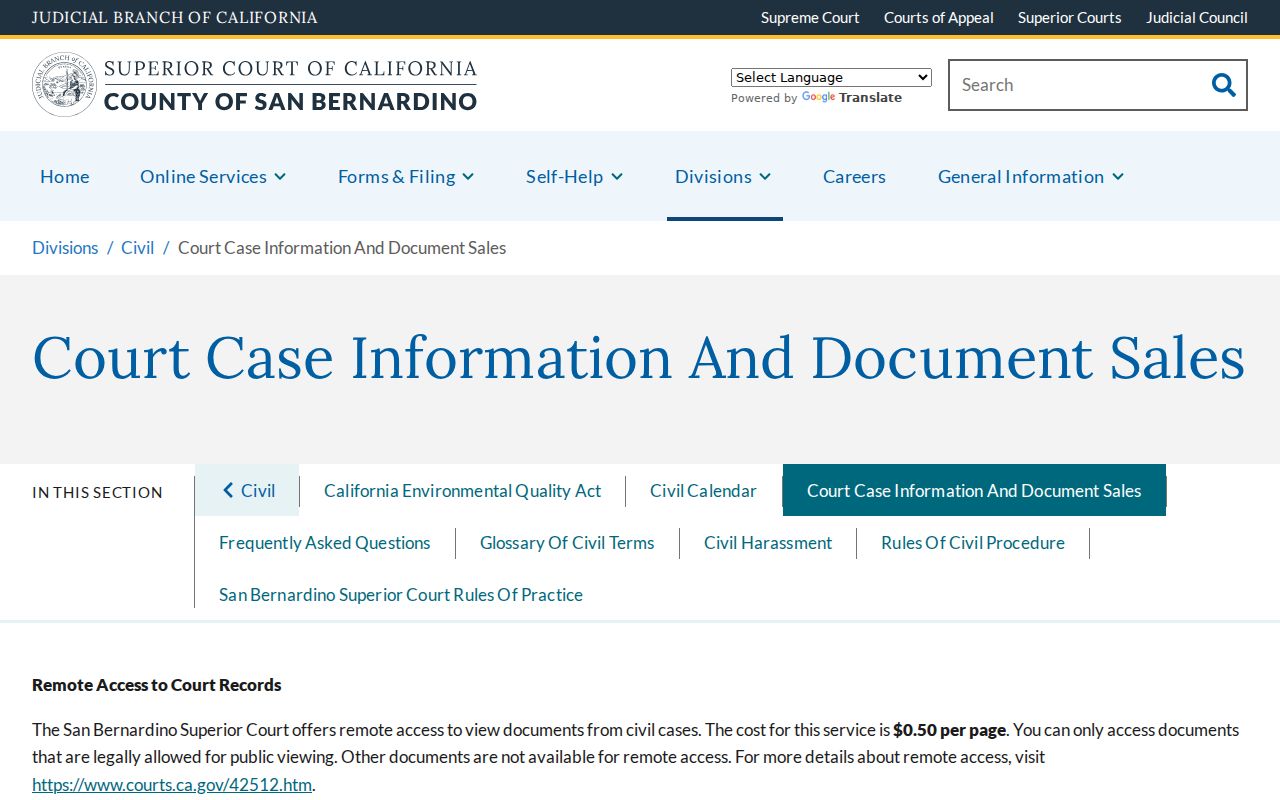 Yucaipa public records access through San Bernardino Superior Court civil document sales