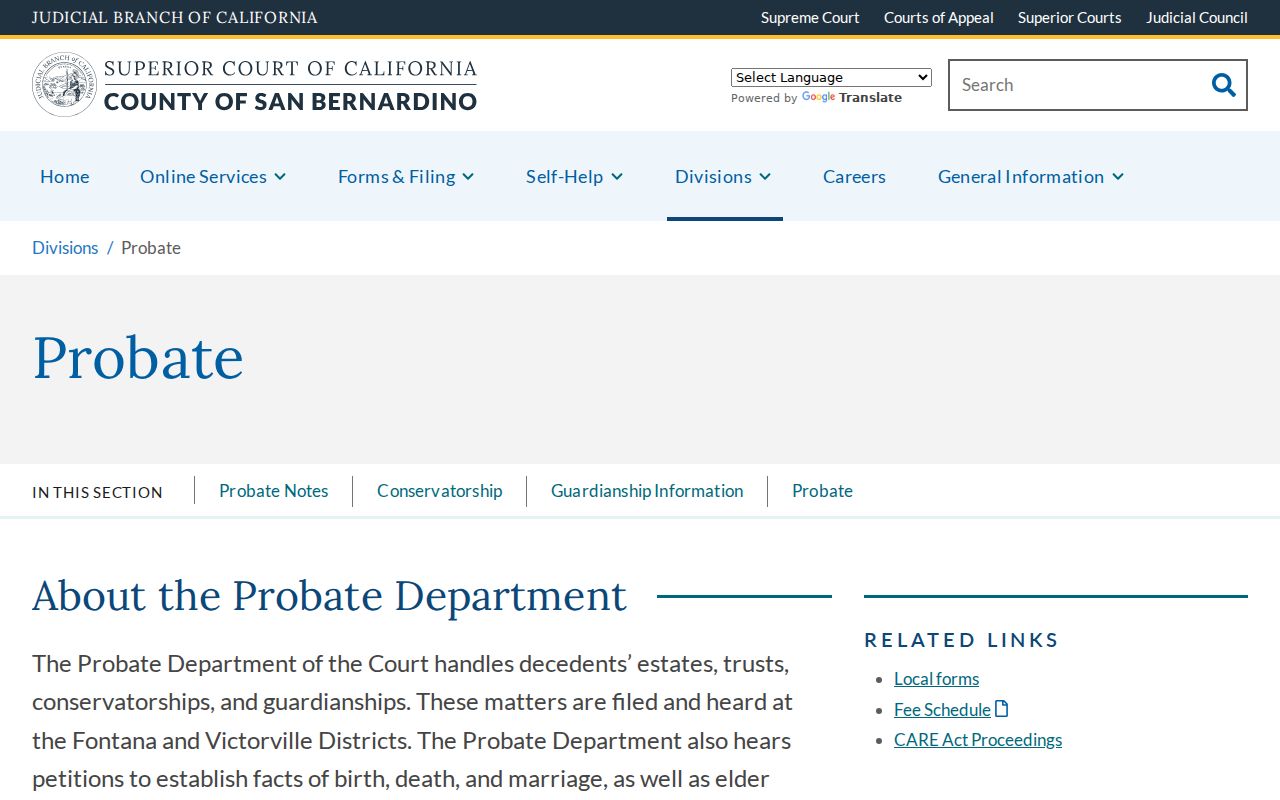 Yucaipa public records information from the San Bernardino Superior Court Probate Division